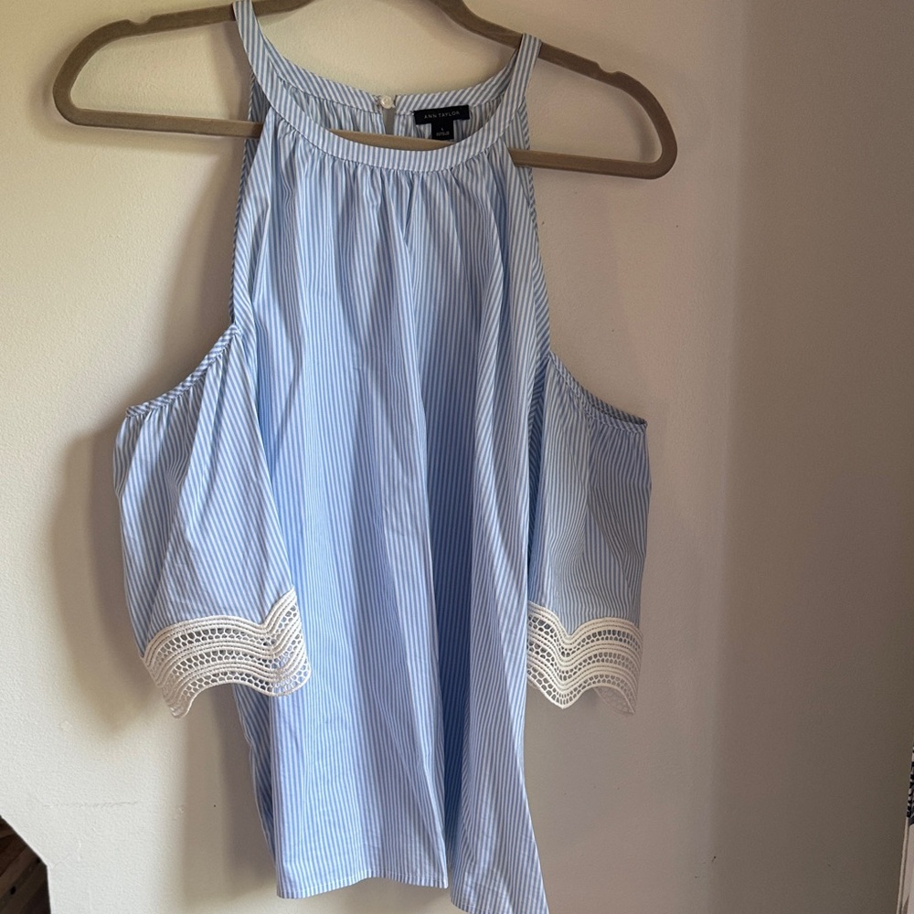 Ann Taylor Blue Striped Blouse with Lace Detail